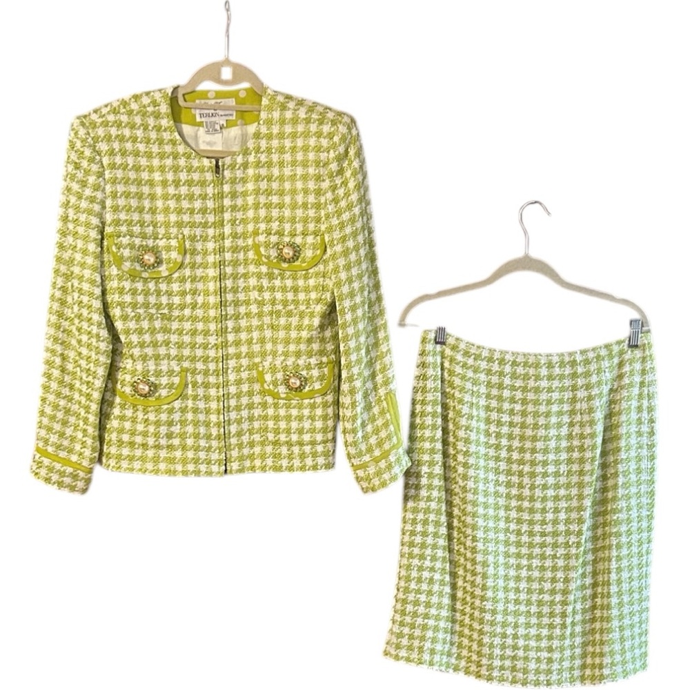 Rickie Freeman Teri Jon Silhouettes vintage green tweed suit Sz 10, Sz 12 skt